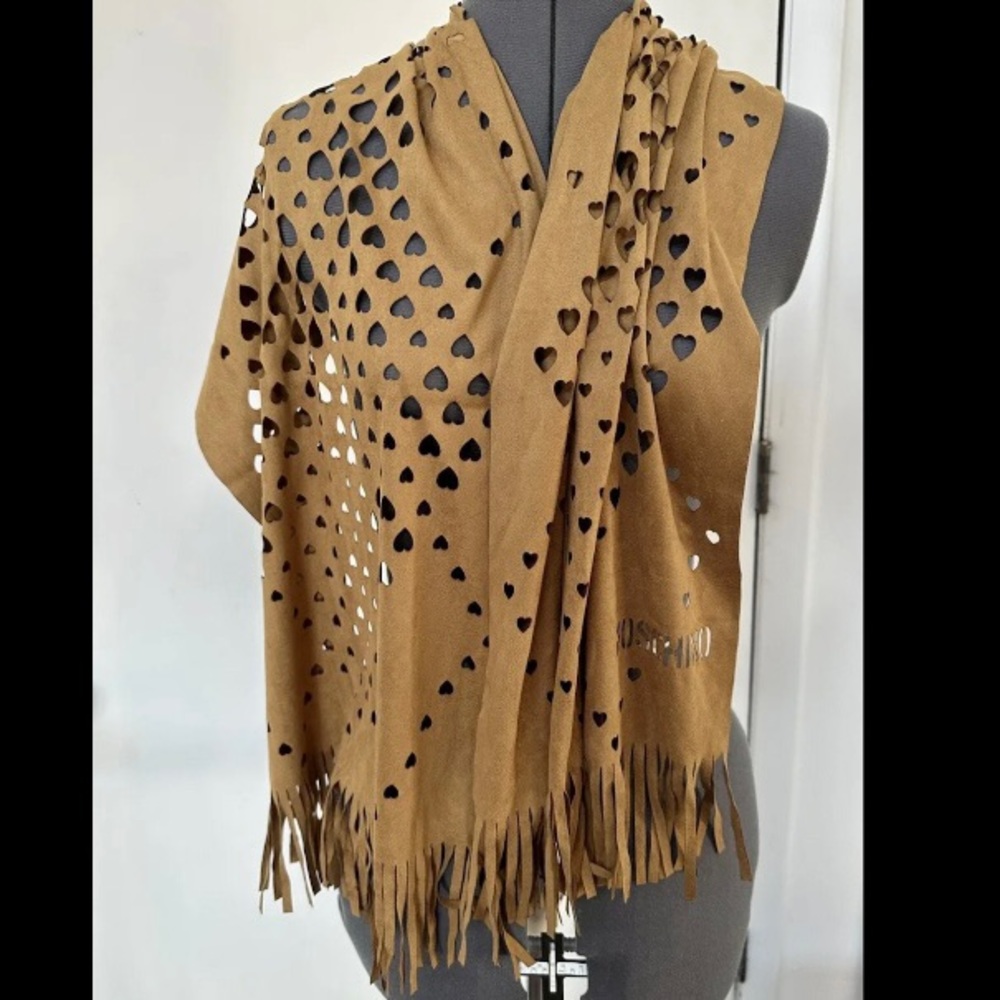 VINTAGE 1990s MOSCHINO BROWN FAUX SUEDE OBLONG SCARF LASER CUT HEARTS FRINGED